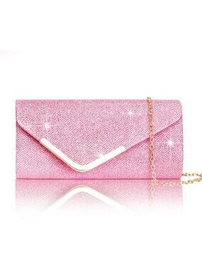 〽️ Women's Pink Shiny Sequin Envelope Clutch Purse Chain Evening Bags